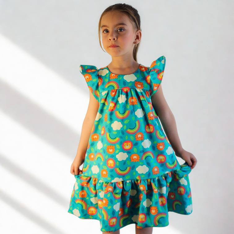 Vestido infantil e juvenil Lara Verde Leão e Tigre Menina Modinha