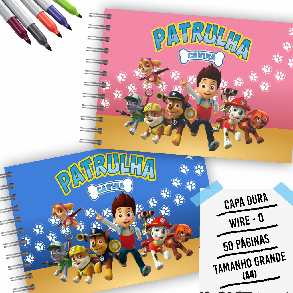Livro de Colorir Patrulha Canina Tamanho Grande 20x30cm 50 Folhas Capa Dura flexível 240g Wire-o