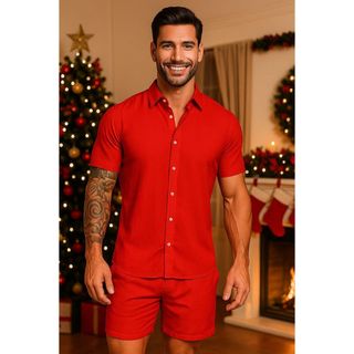 Conjunto Florido Havaiano Liso Masculino Viscolinho Para Natal