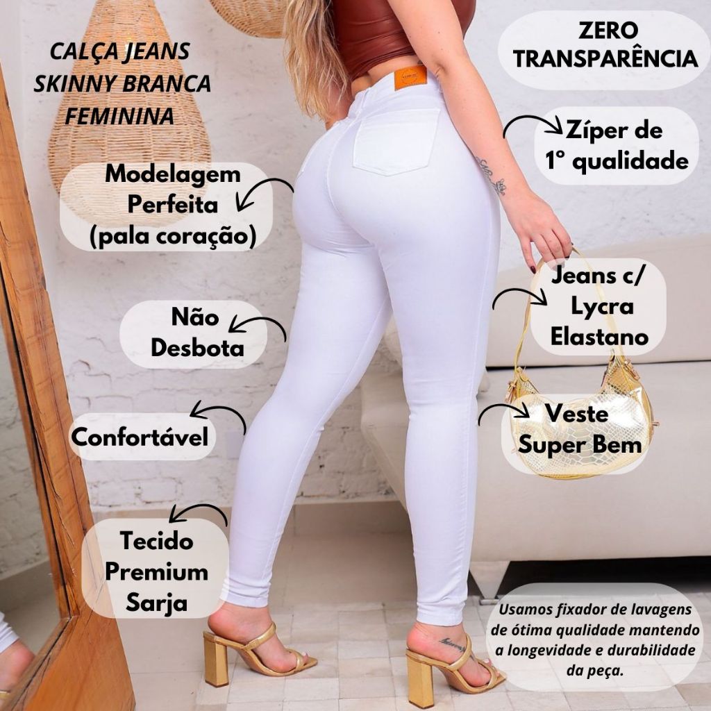 Calça Skinny Branca Feminina Com Lycra Cintura Alta Modelo Levanta Bumbum Não Fica Transparente