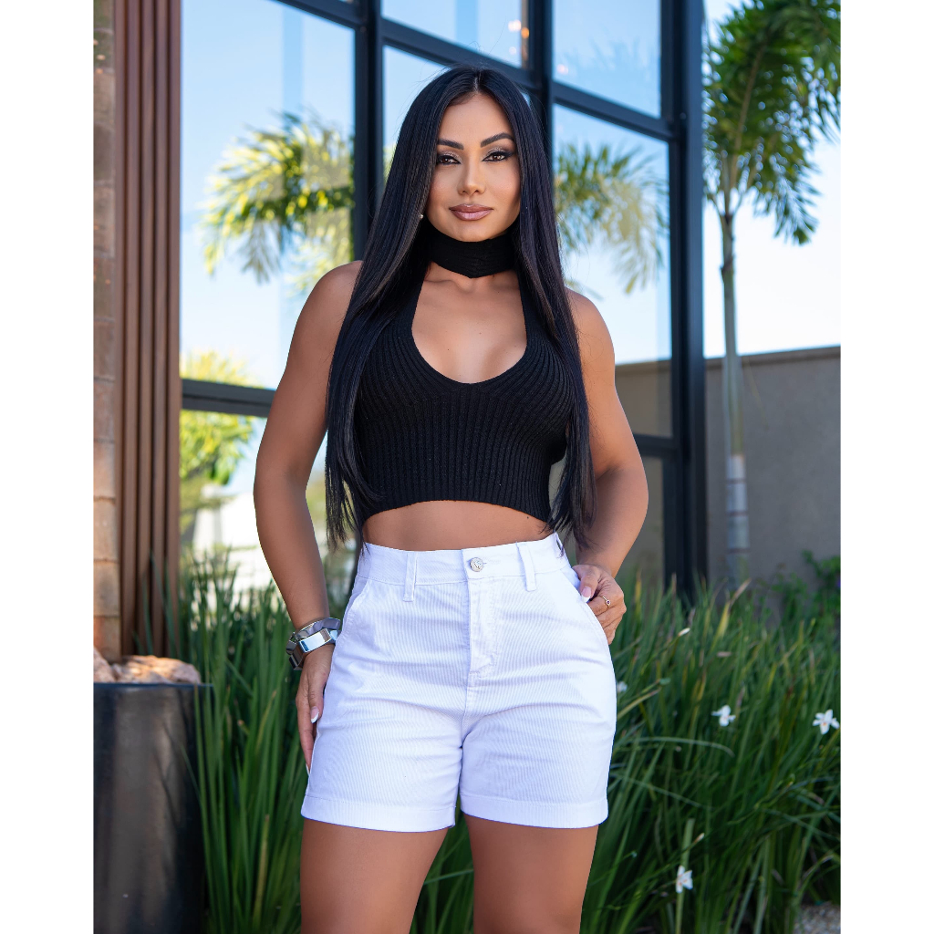 Short Jeans Feminino Brim Cotele Bermuda Canelado Larguinho — imagem 2 de 2