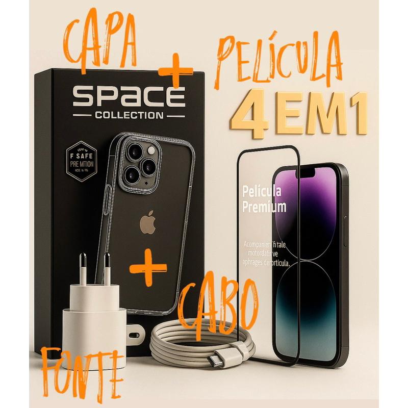 Kit 4 em1 Capinha+Película 3D+ Carregador Tipo- C + Cabo Compatível com: iPhone 11/12/13/14/15/15 Pro/15 Plus/15ProMax