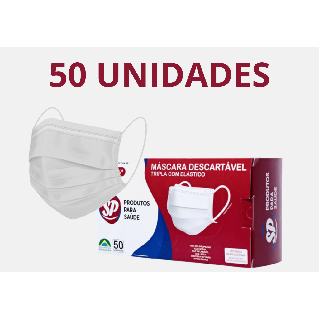 Caixa com 50 unidades de Máscara Facial Descartável Sp Odonto Tripla Poteção Anvisa Descartável