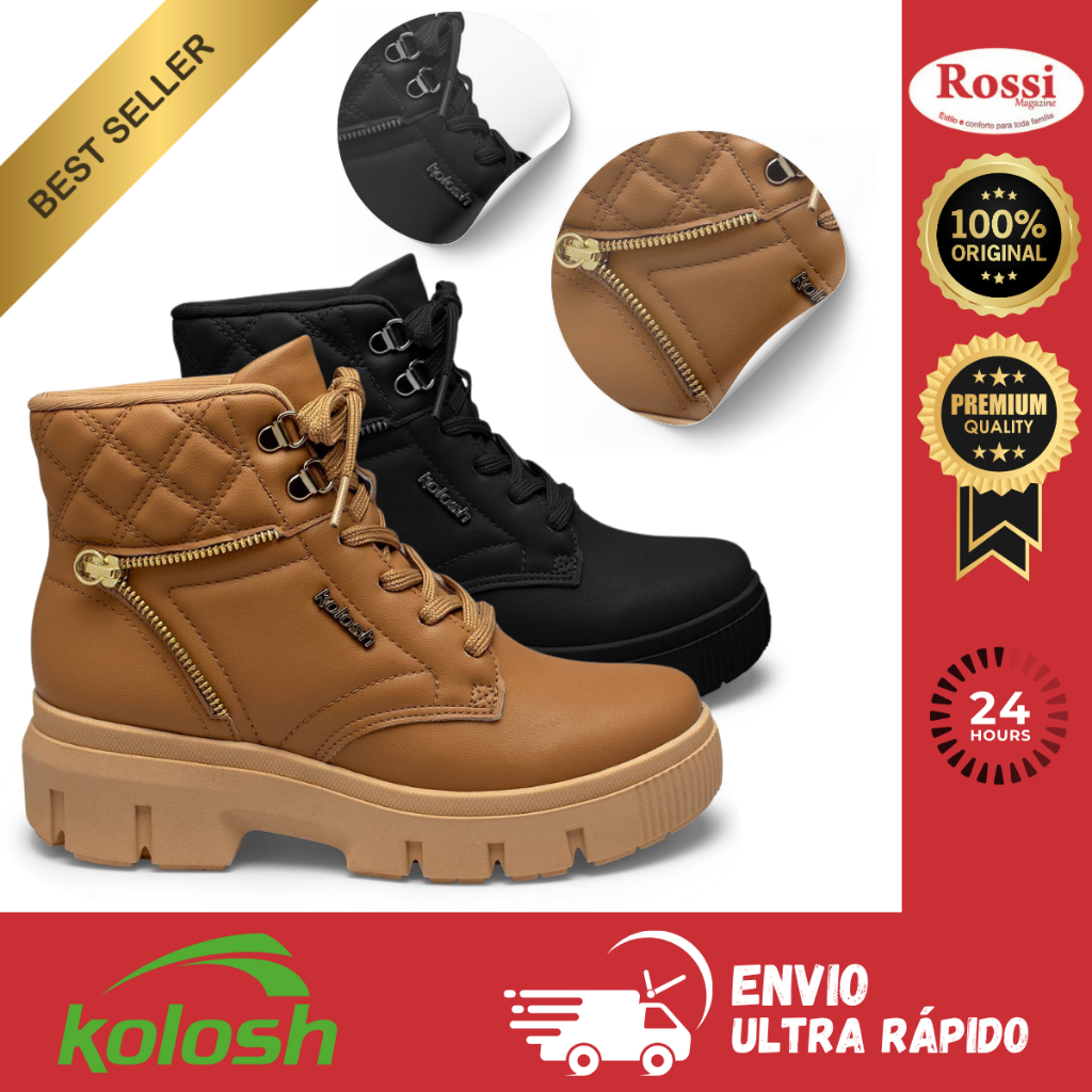 Bota Coturno Feminino Kolosh com Ziper Sola Tratorada C3368