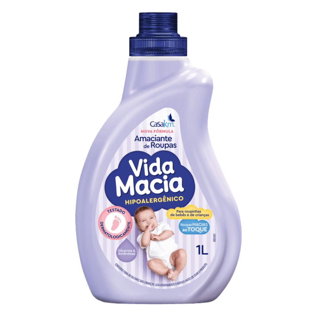 Amaciante Vida Macia Hipoalergênico Glicerina & Amêndoas 1 Litro Roupinha Bebê Criancas Roupas Suave