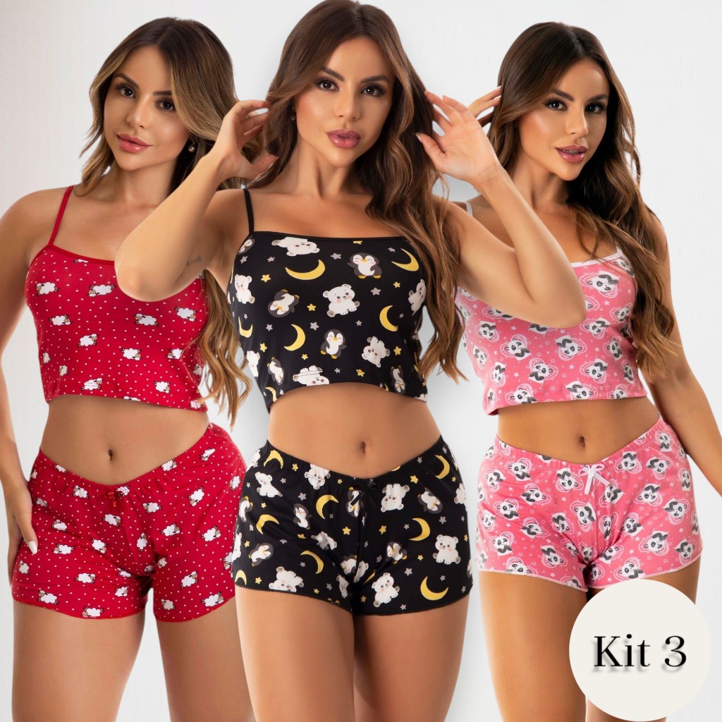 Kit 3 Baby Doll Feminino Estampado Suede Short Doll Pijama Verão Conjunto Curto Cropped Pijamas Baby