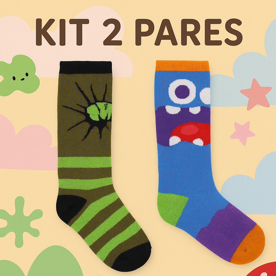 KIT 2 Pares Meia Cano Longo 3/4 Infantil Menino Estampas Variadas Personagens Masculina Promoção