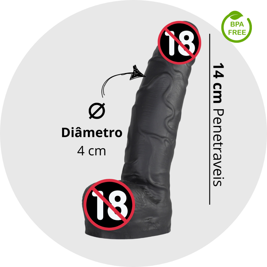 Prótese Pênis em Silicone MACIÇO Realístico Consolo Feminino Dildo - 14 x 4 cm Preto