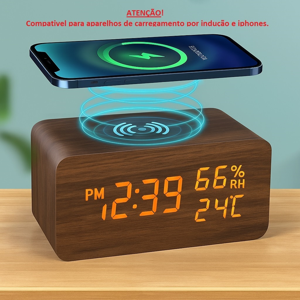Despertador Digital com Display LED e Carregador Wireless para Celular – 2 em 1 - Compativel com aparelhos IPHONE e NFC.