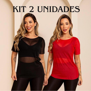 Kit 2 Blusas Feminina Transparente De Tule Manga Curta Camiseta Academia Treino Fitness Musculação em Oferta na Shopee