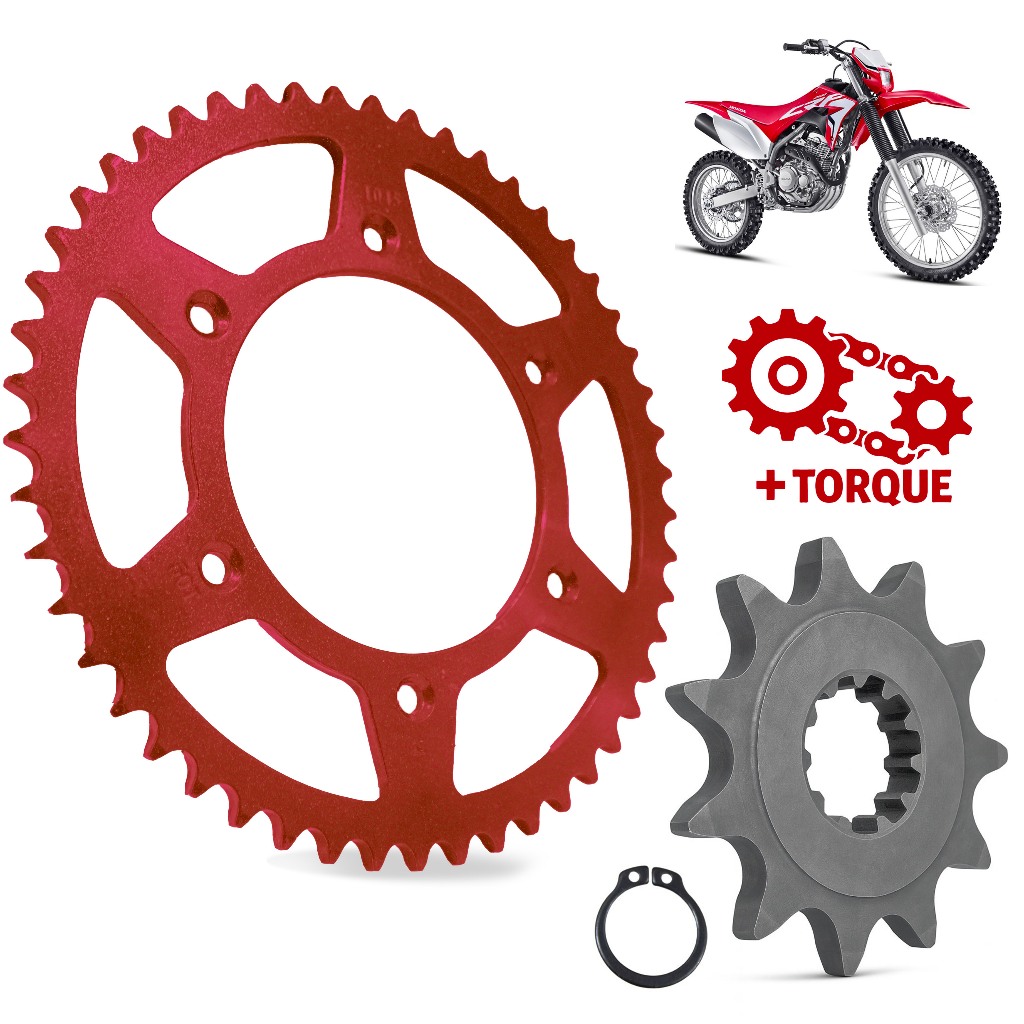 Kit Coroa e Pinhão CRF250F Nacional  Coroa 50 Dentes e Pinhão 11 Dentes Aço 1045 Coroa Na cor Vermelha