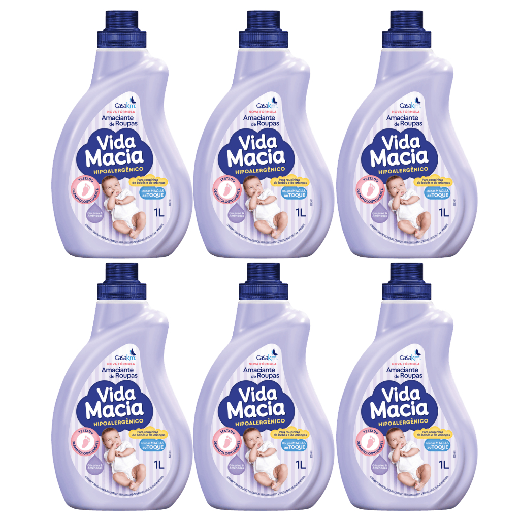 KIT 06 UN. Amaciante Vida Macia Hipoalergênico Glicerina & Amêndoas 1 Litro Roupinha Bebê Criancas