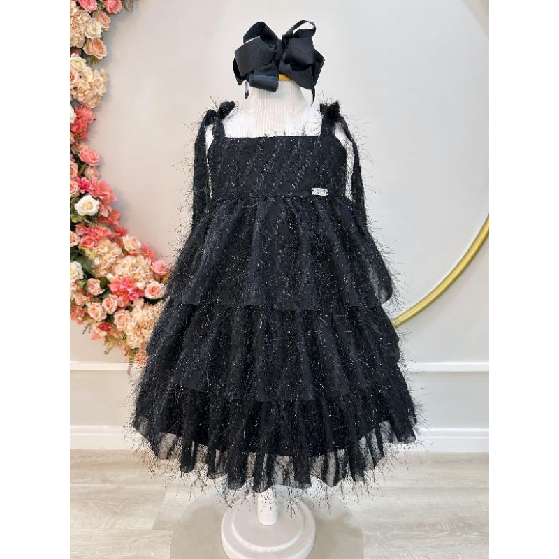 Vestido Infantil Preto Branco Azul Royal Pink Laranja Pêssego Verde Pink de Alça e Com Plumas Luxo