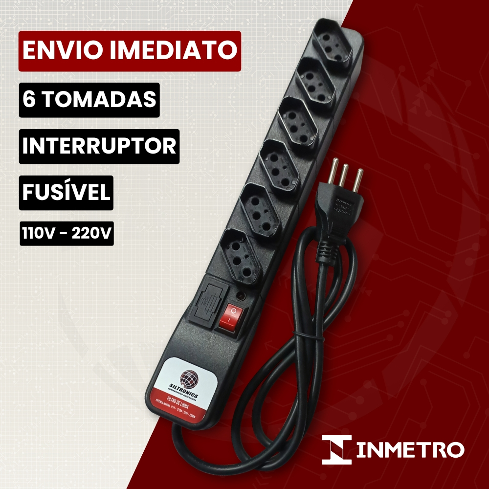 Filtro de Linha Régua Extensora com 3, 4, 5 e 6 Tomadas 10A Tripolar com Fusível Bivolt