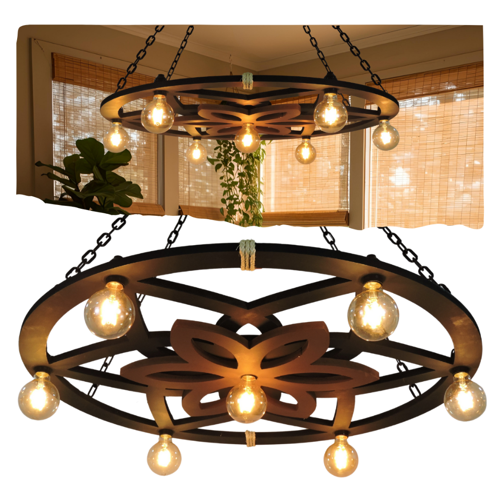 Imagem Luminária Pendente Lustre Rustico Rustica Madeira Roda Flor Mandala Decoração Corda Sisal Estilo Zen Yoga