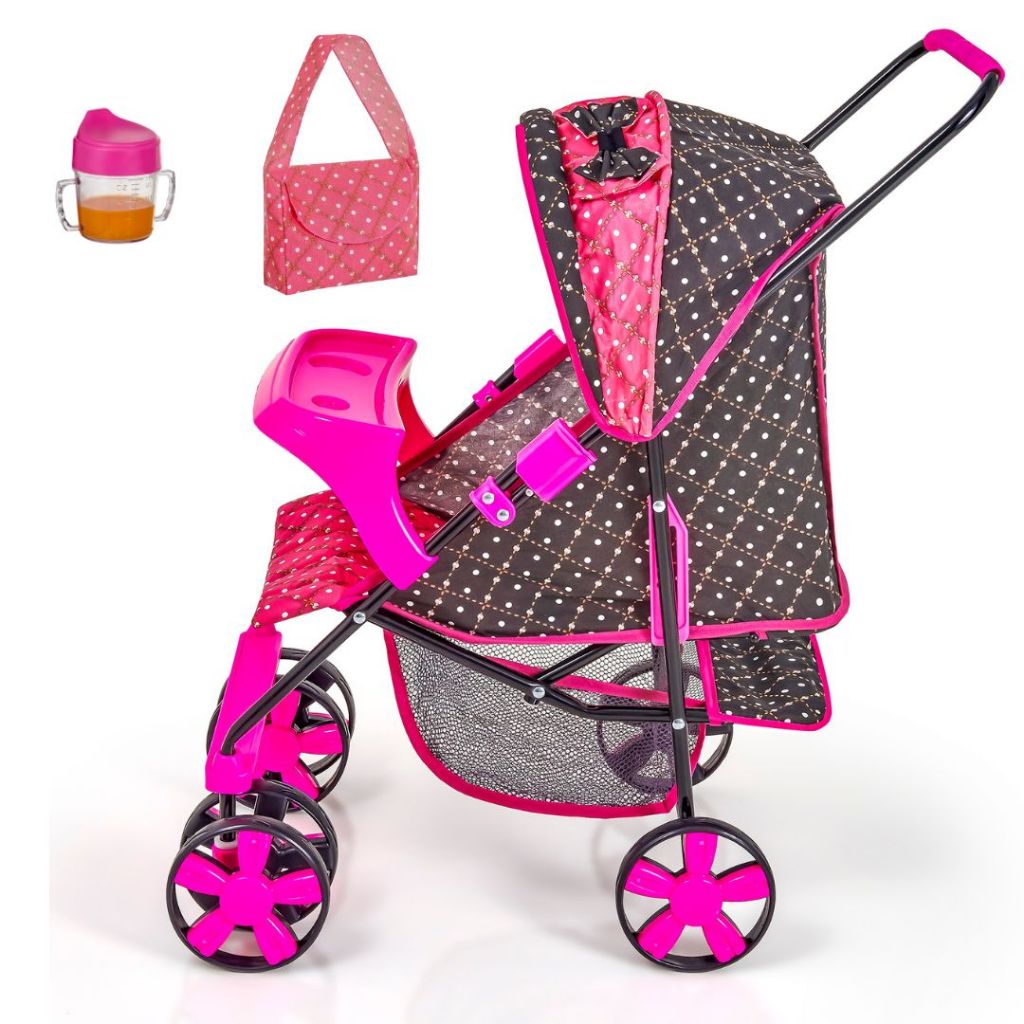 Carrinho de Boneca Reborn Milano Carrinho para Boneca Alive Menina Ninar Luxo Bolsinha e suco magic