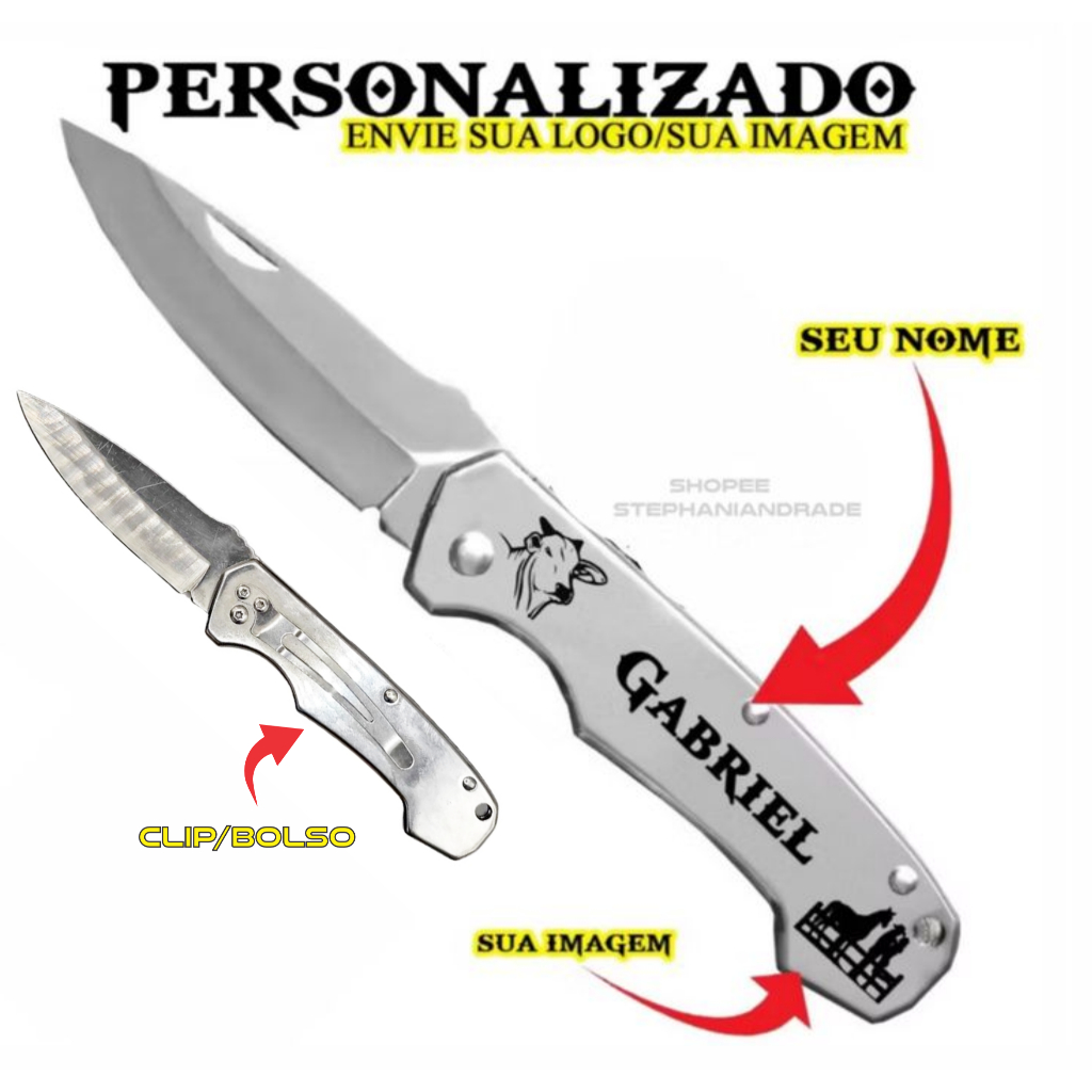Canivete de Bolso Personalizado inox Seu Nome Desenho Lâmina Afiada
