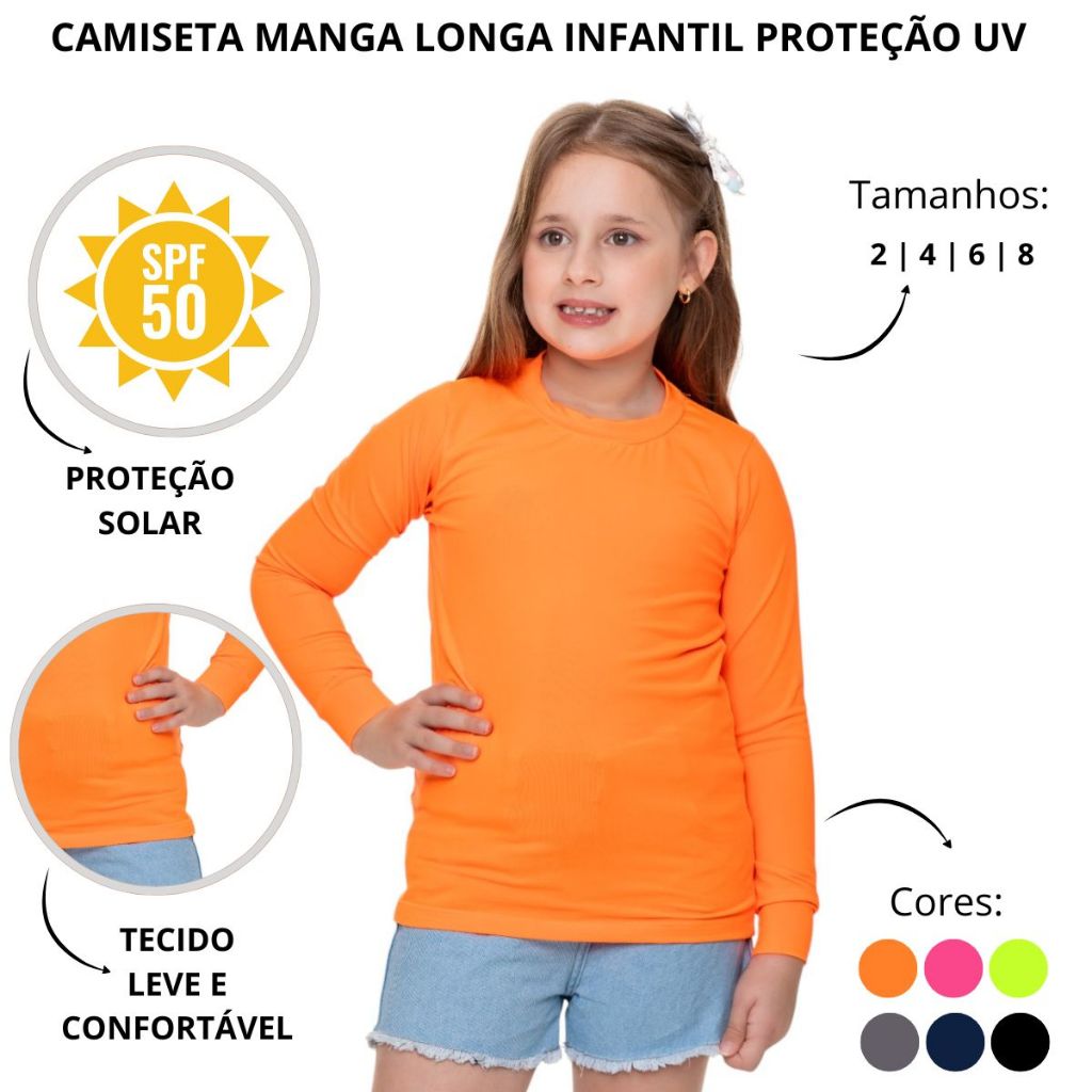 Camiseta Infantil Menina Manga Longa Térmica UV50 Blusa Segunda Pele Proteção Solar Verão Calor