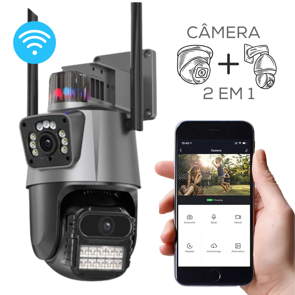 Câmera de Segurança 2 em 1, Fixa e Móvel, ICSEE, Zoom, Visão Noturna, Suporta Chuva, WIFI, AutoTrack