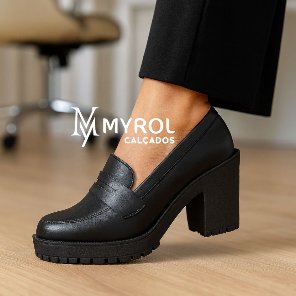 Sapato Mocassim Salto Médio Tratorado Slip On Casual