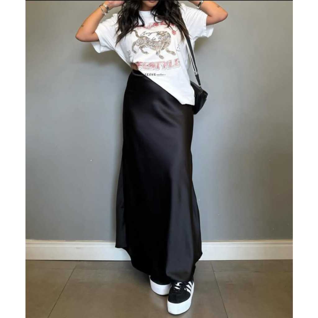 Saia Longa Cetim Feminina Cintura Alta com Zíper e Elástico – Look Elegante e Confortável em Oferta na Shopee