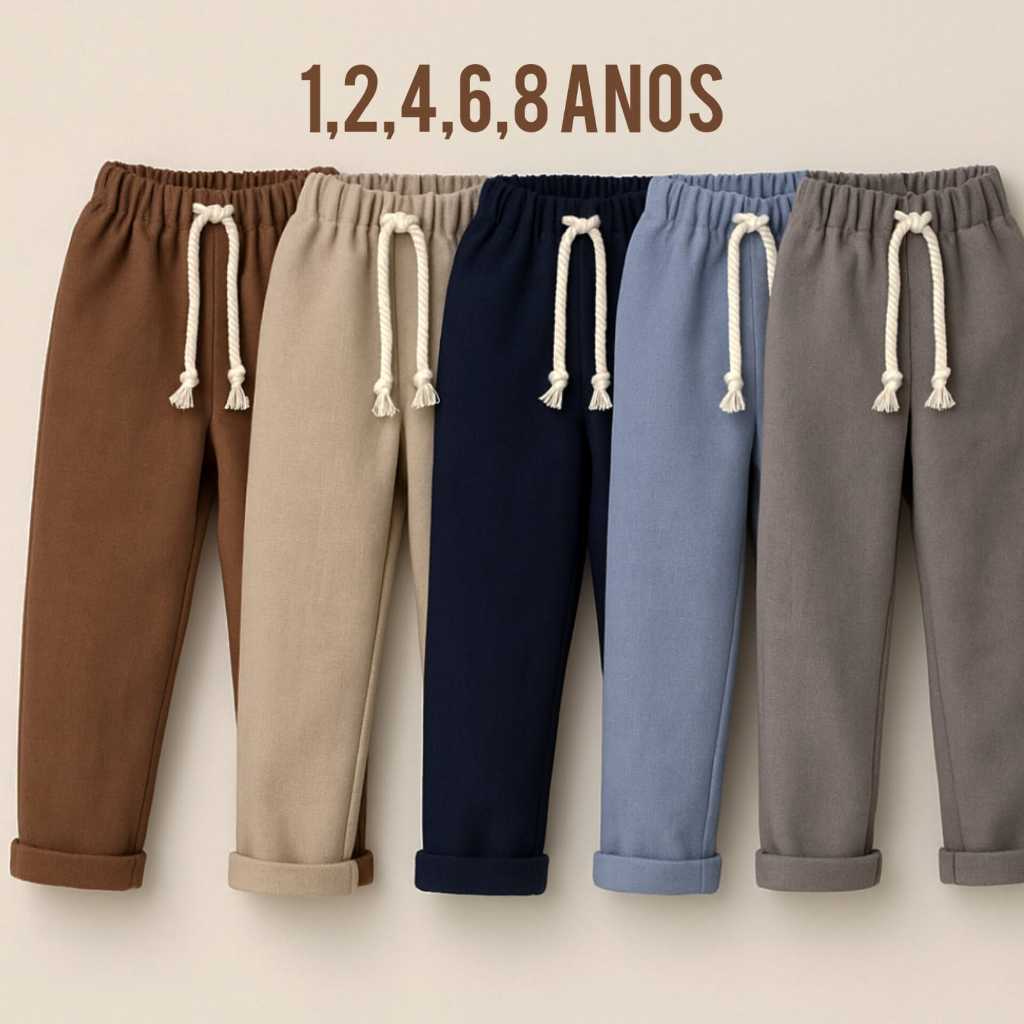 Kit 5 Calças infantil de linho com ajuste na cintura e modelagem confortável Moda kids**&