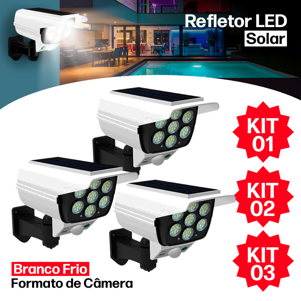Refletor Solar com LED  Sensor de Movimento Câmera Falsa IP66 Externa Luz Fria Prova Dágua em Oferta na Shopee