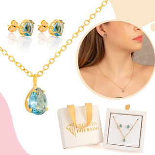 Kit Conjunto Colar + Brinco Feminino Gota Azul Zircônia Banhado a Ouro