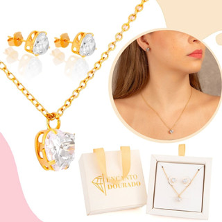 Kit Corrente E Brinco Feminino Ponto de luz Zircônia Coração Banhado a Ouro