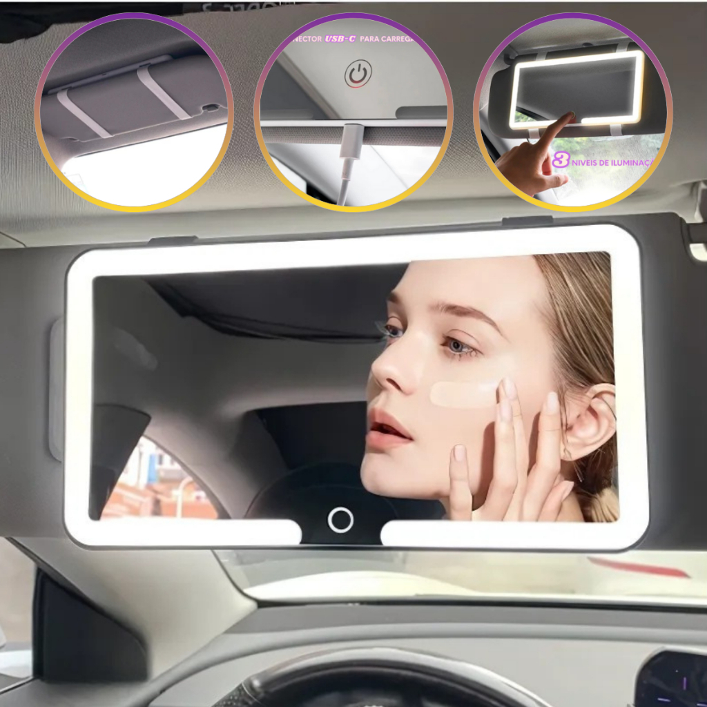 Espelho LED Para Quebra Sol De Carro Com 3 Modos de Led Recarregável Touch Luz Branco Quente Frio em Oferta na Shopee