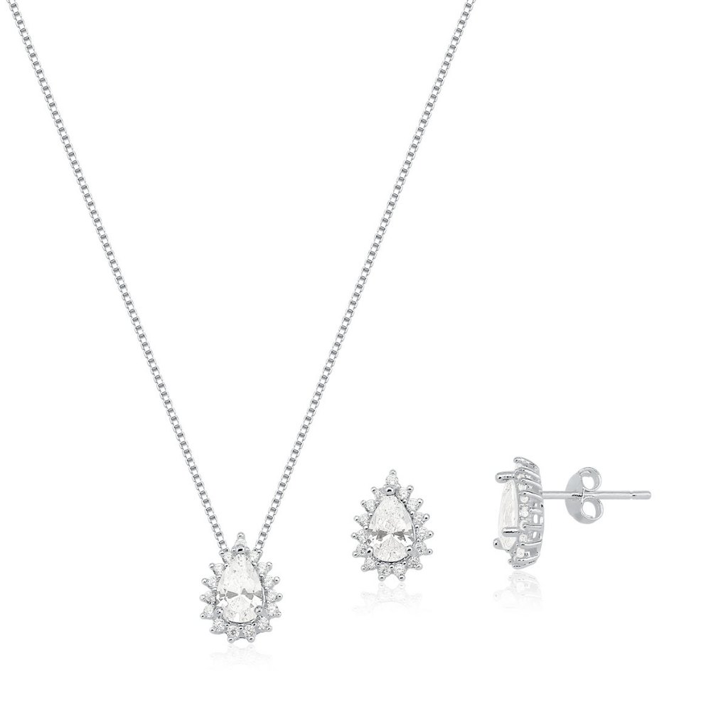 Conjunto Brinco e Colar de Prata 925 Gota Cravejada | Diversas Cores - Fashion Accessories