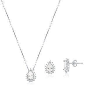 Conjunto Brinco e Colar de Prata 925 Gota Cravejada | Diversas Cores em Oferta na Shopee