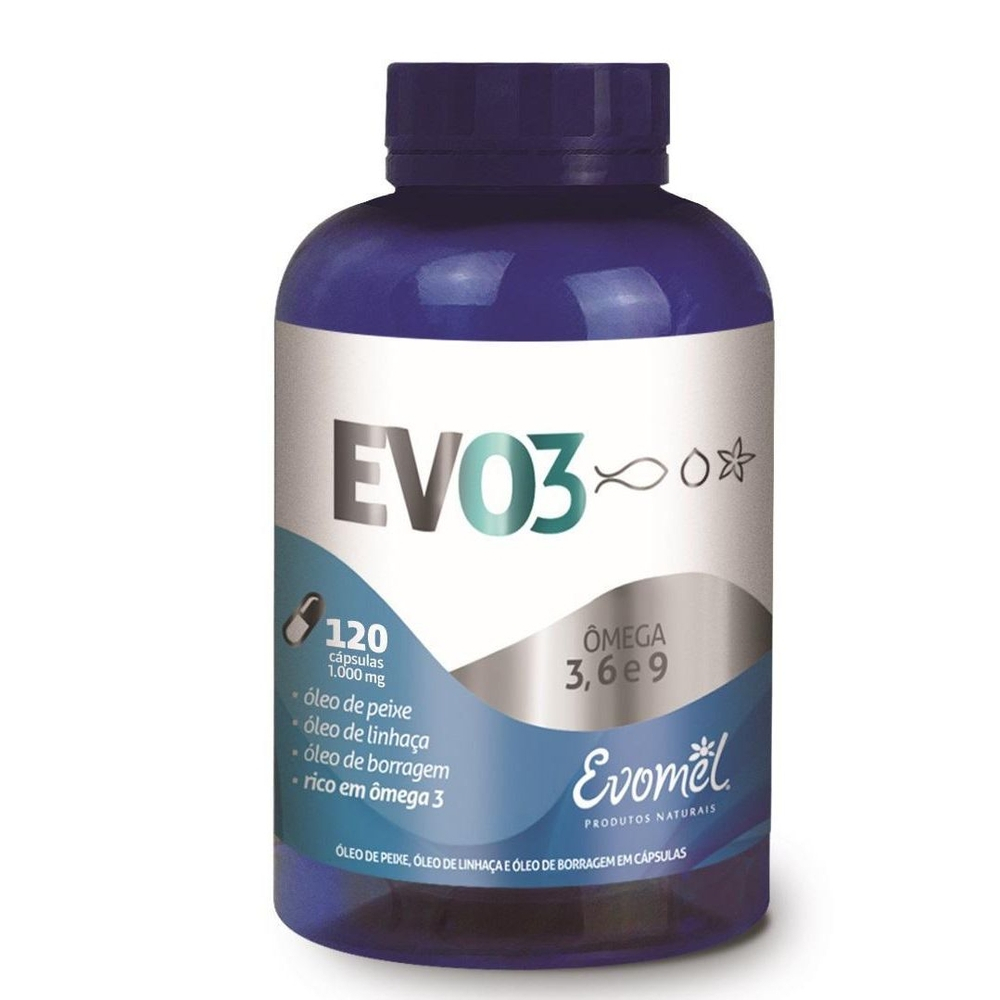 EVO3 Evomel ômegas 3, 6 e 9 com óleo de peixe, óleo de linhaça e óleo de borragem com 120 cápsulas