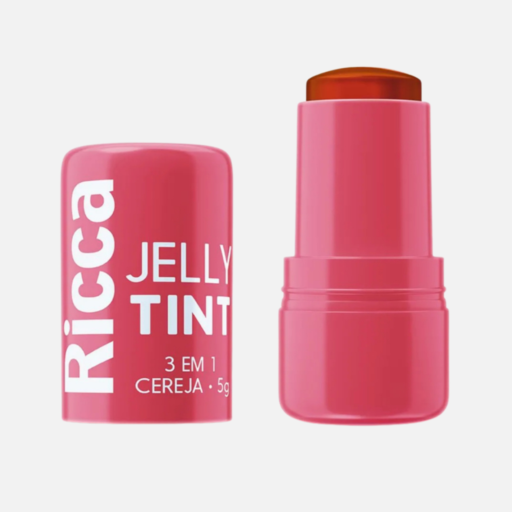 Jelly Tint Stick Ricca 3 em 1 Cor Cereja Batom Blush Sombra Make Natural e Vegana