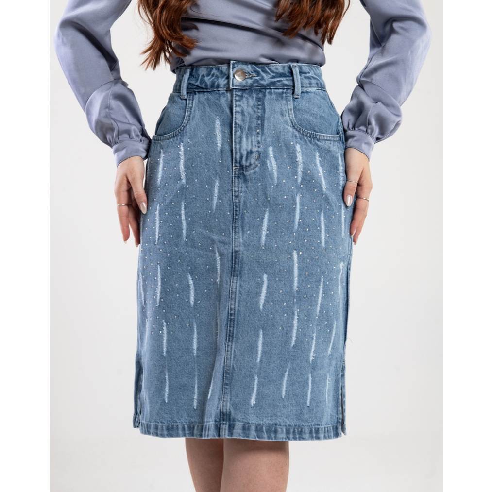 Saia Jeans Secretária com Brilho | Moda Evangélica 7Pallas em Oferta na Shopee