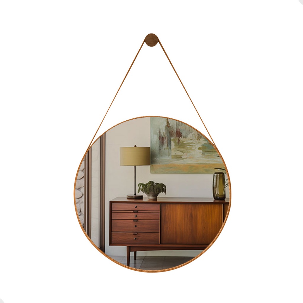 Espelho Decoração Lavabo Banheiro Sala Redondo c/ Alça em Couro Ecológico 60cm + Suporte - Casa Domo - Home & Living
