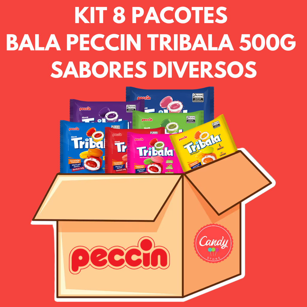 Kit 8 Pacotes Bala Mastigável Peccin Tribala 500g - Sabores Diversos