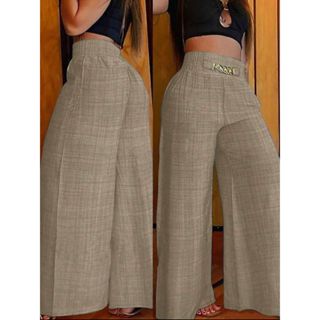 Calça Pantalona Social Feminino De Linho Com Cinto Fake e Cintura Alta e Bolsos em Oferta na Shopee