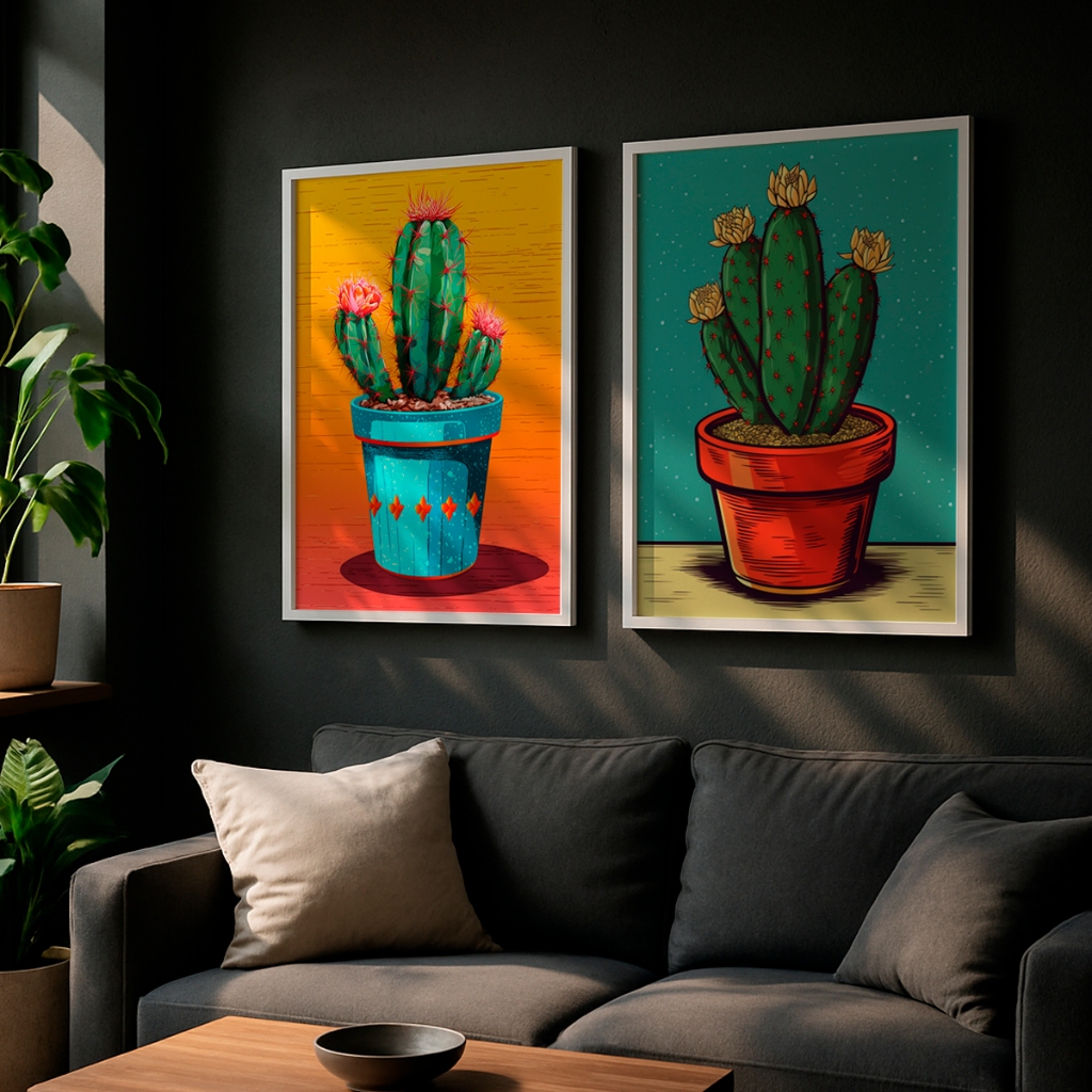 Kit 2 Quadros Cactos Coloridos Estilo Pop Art Planta Sala Cozinha Quarto Divertido Parede Viva