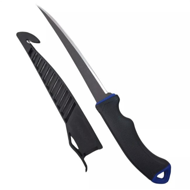 Faca De Pesca Marine Sports Fileteira Serrilhada Em Aço Inox Cor Preto c/bainha 7,5 Pol. 32cm