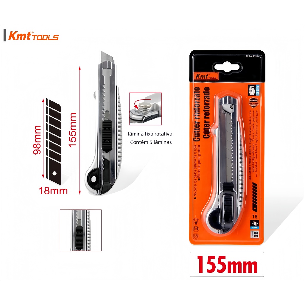 Estilete KMT 15cm com 5 Lâminas Refil Corte Preciso e Afiado p/ Papel, Plástico e Embalagens – Ferramenta Manual
