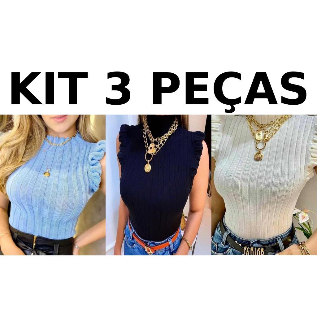 Kit 3 Blusas Garrafinha Feminina Tricot Canelado Gola Alta Babado FruFru Tendência