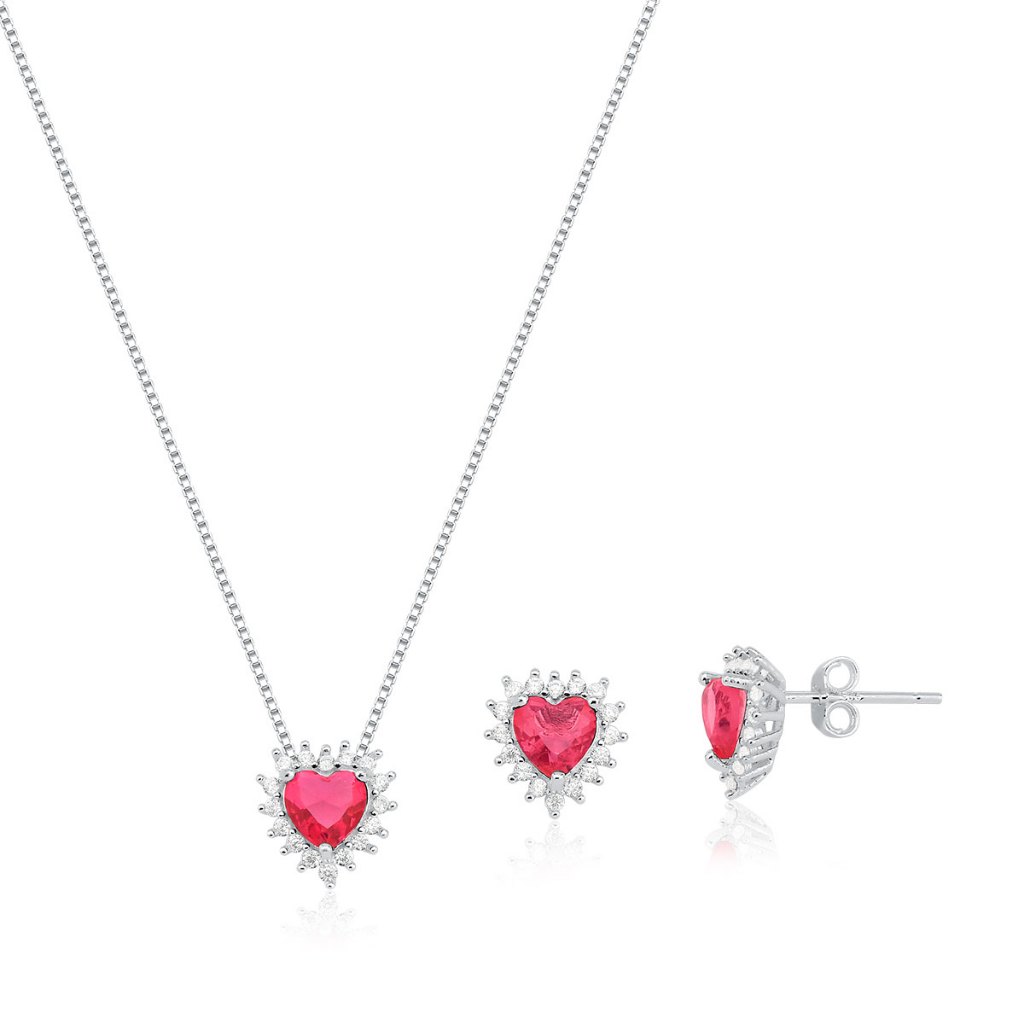 Conjunto Brinco e Colar de Prata 925 Coração Cravejado | Cores Diversas em Oferta na Shopee