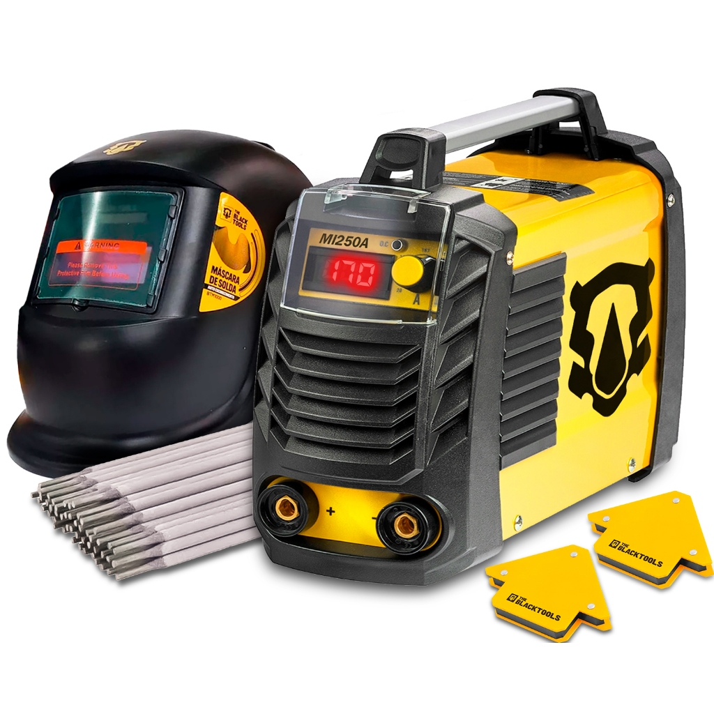 Kit Maquina De Solda Compacta Mma Tig 170a 220v + Eletrodo + Esquadro Magnetico + Mascara Automatica
