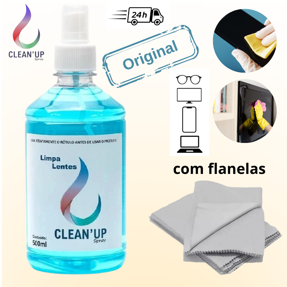 Limpa lentes 500ml com flanela mágica para oculos tela de celular tv spray notebook Clean Up grande em Oferta na Shopee