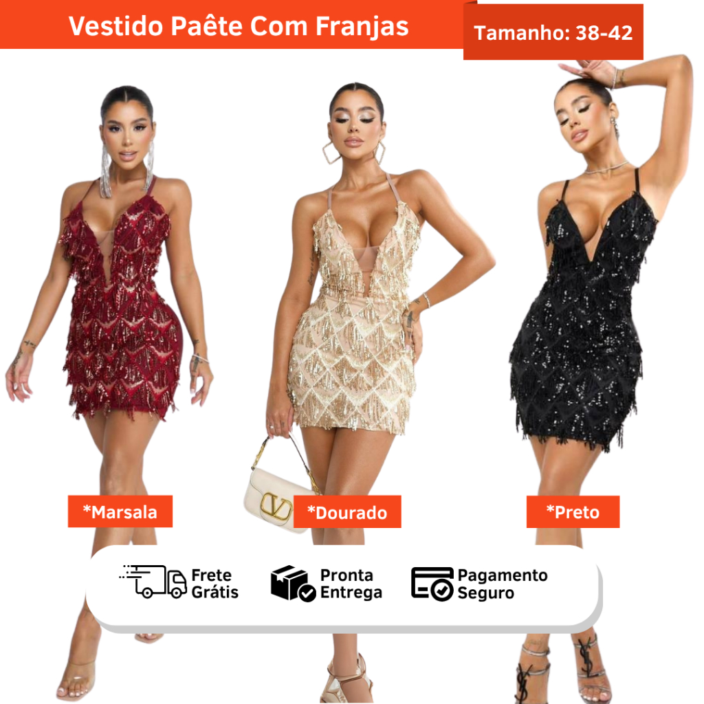 Vestido Feminino Paetê Festa com Franja | Decote Tule ou Ferrinho | Look Verão, Carnaval e Réveillon