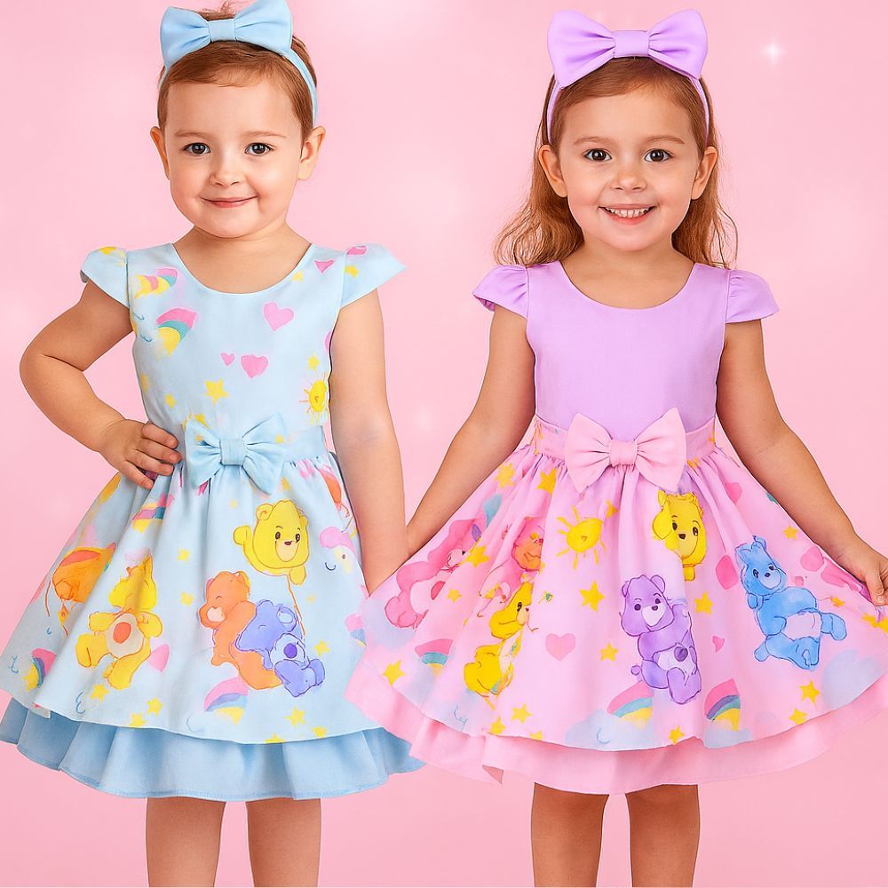 Vestido Infantil Fantasia Festa Tema Ursinhos Rosa Look Delicado Elegante Menina