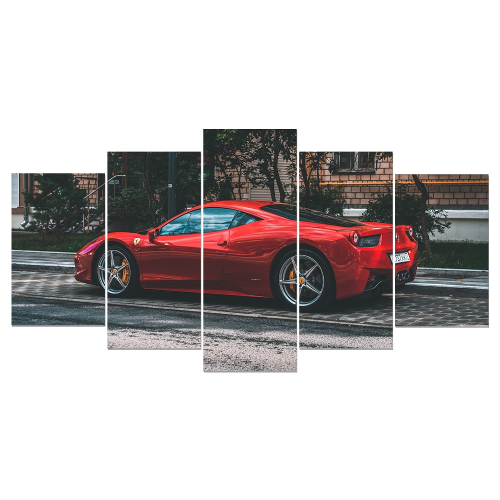 Quadro Decorativo Mosaico 5 Peças Ferrari Vermelha Esportiva Sala Quarto Hall Carro Luxo