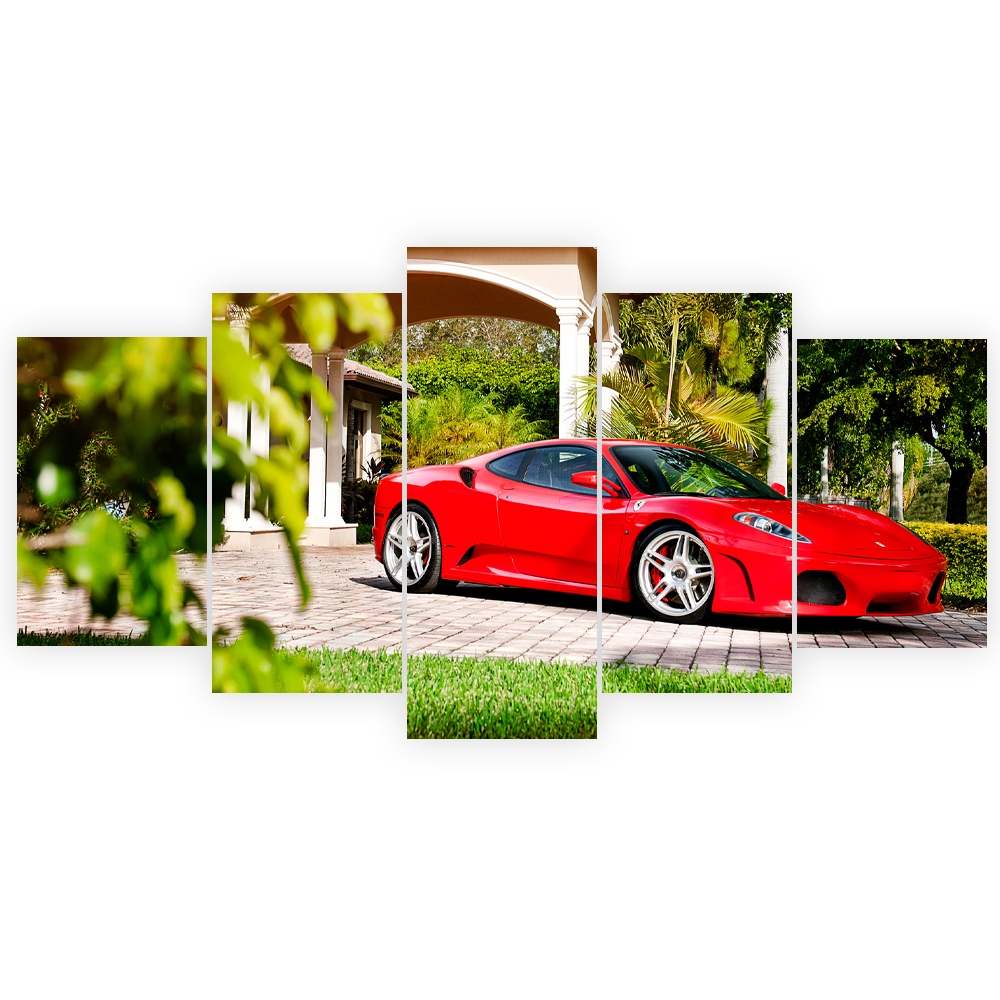 Quadro Decorativo Mosaico 5 Peças Ferrari Vermelha Potente Luxo Sala Quarto Hall Super Carro