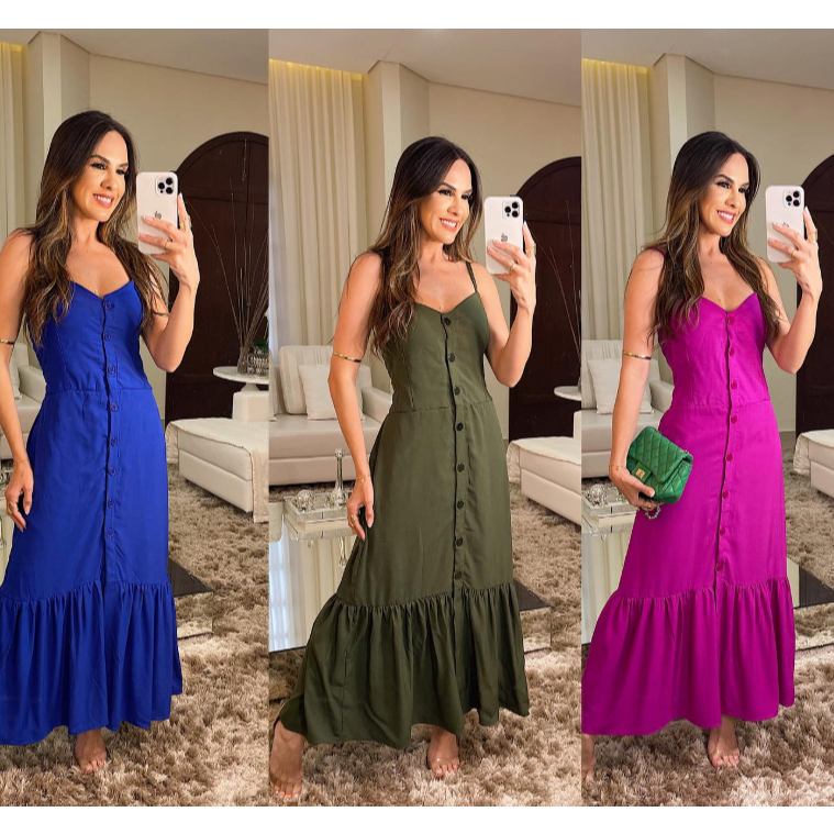 Vestido Midi Soltinho Feminino  Tecido Duna – Alcinha, Forrado com Bojo, Elastez nas Costas, Botões  Funcionais e Baba08 em Oferta na Shopee